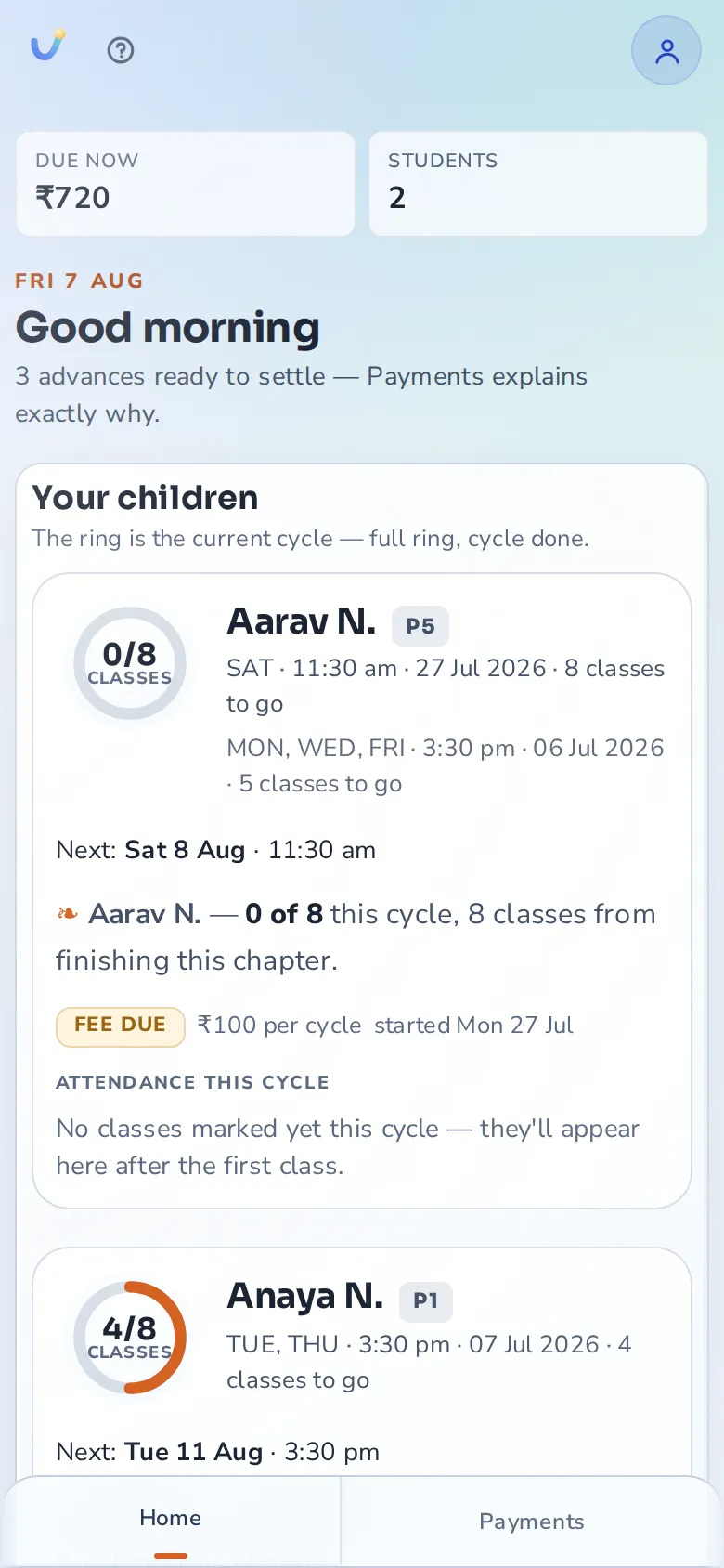 What a family really sees: two children, a progress ring each, attendance in plain squares and a fee story with no surprises