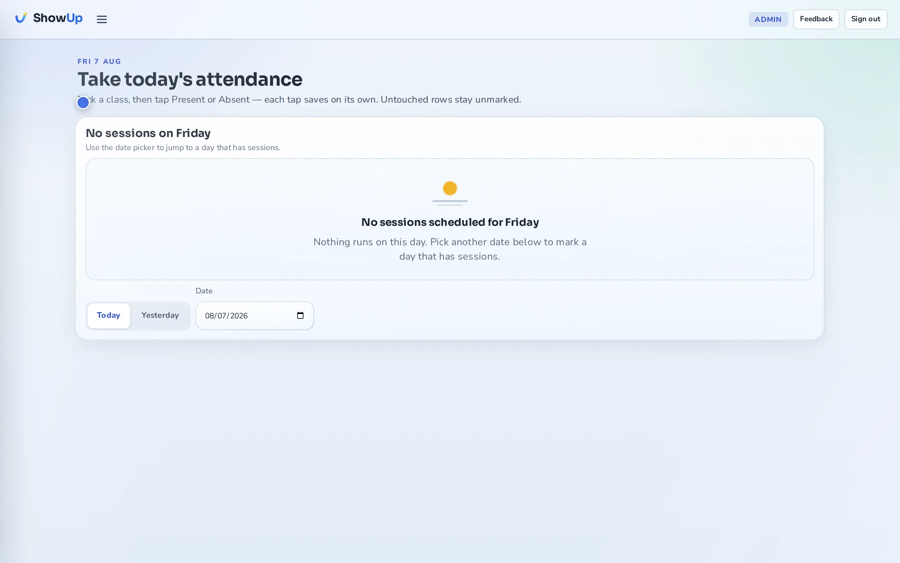 A real week of attendance at a yoga studio on ShowUp, marked session by session